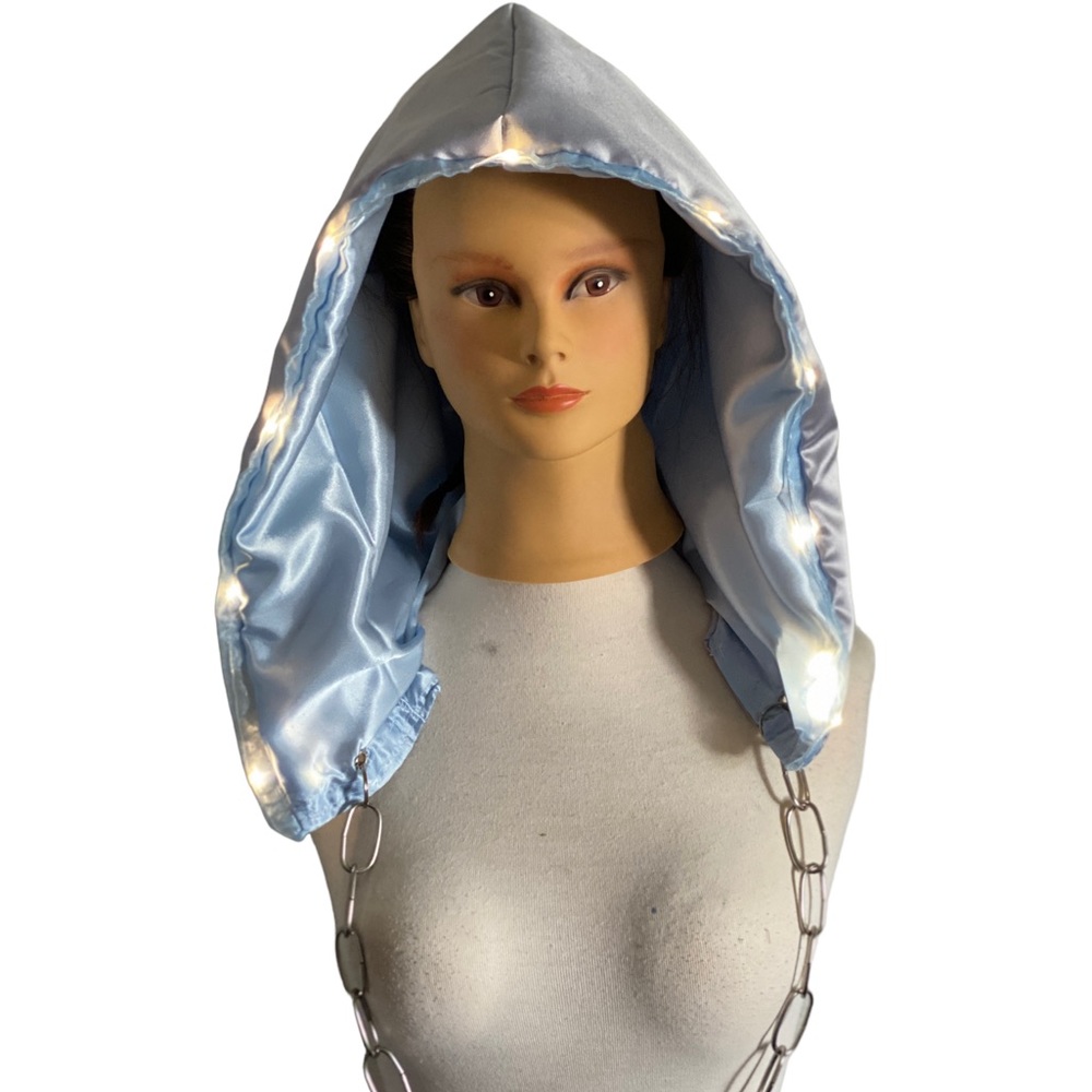 Handmade Light Up Blue & Silver Rave Festival Hood With Silver Chain